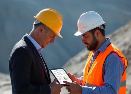 Mining engineer and legal professional reviewing data on a tablet at a mine site